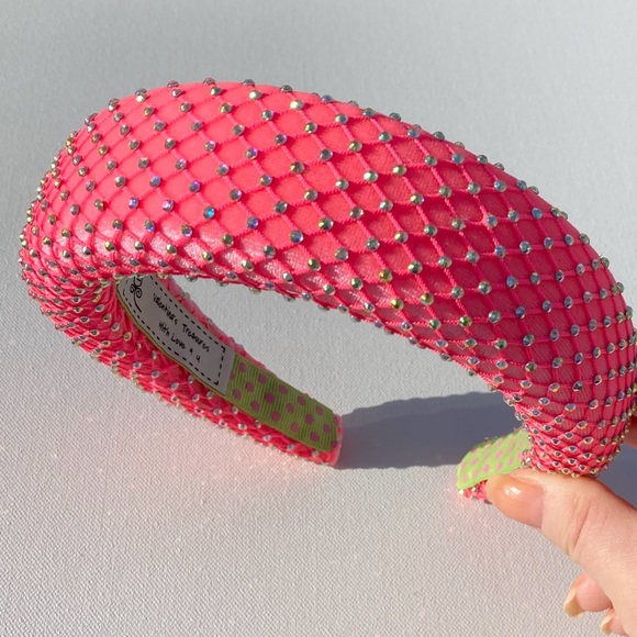 Hot Pink Padded 1.5” Headband with Rhinestone-Adorned Mesh Overlay Handmade New - Picture 10 of 10